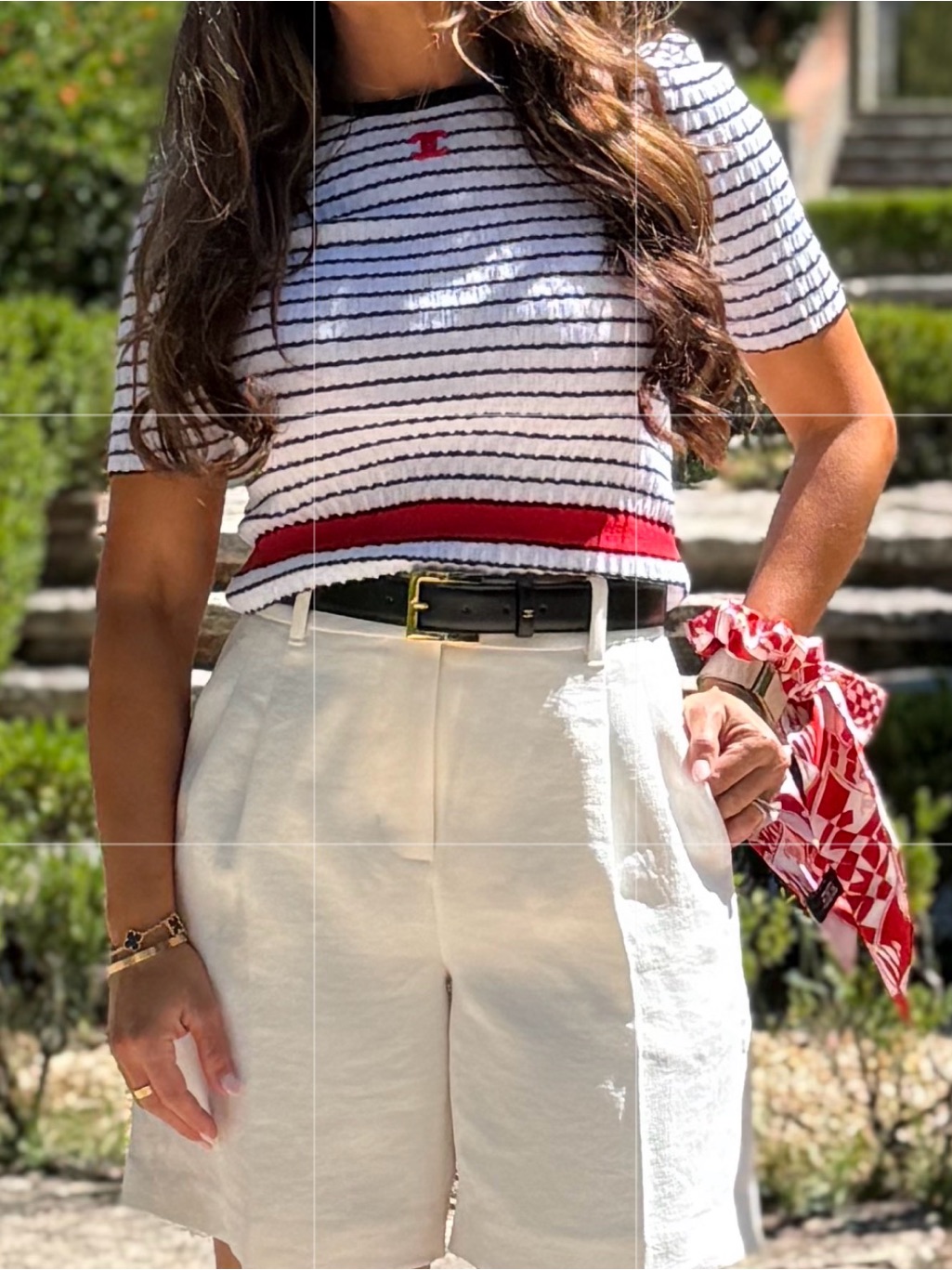 Chanel Black & White Striped Knit Tee With Red Trim